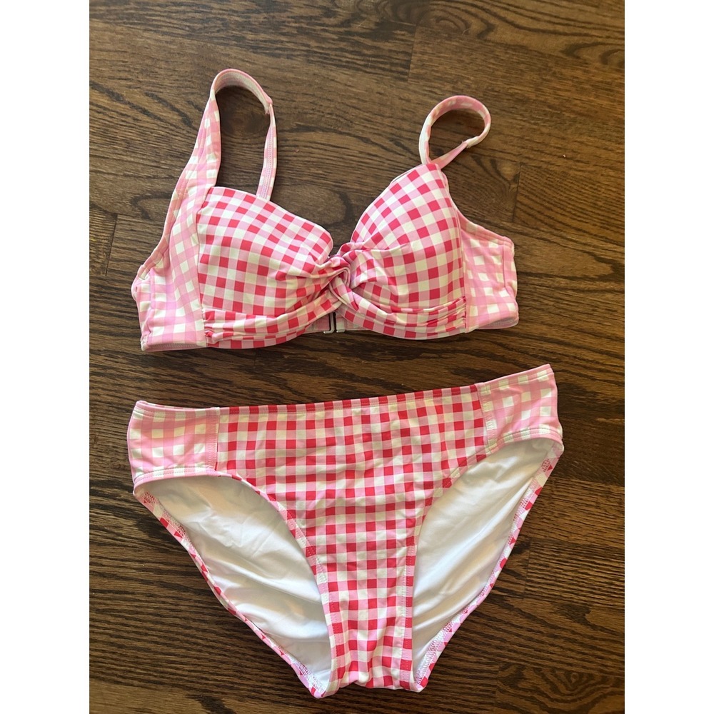 Draper‎ James Lands' End Bikini Set Pink Gingham Twist Front Underwire Swimsuit